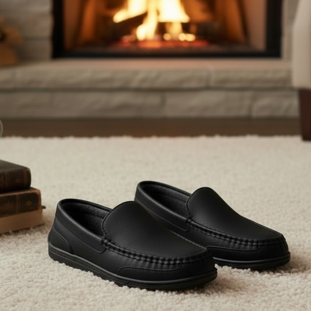 MyPillow MySlippers Women 10 Black Leather Moccasin Loafer Indoor Outdoor Shoes